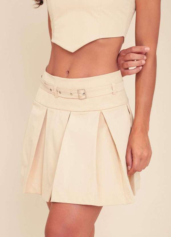 Pop Me - Saia Alfaiataria Sarja com Pregas e Cinto Bege 3