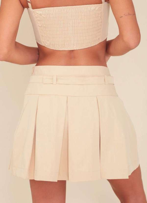 Pop Me - Saia Alfaiataria Sarja com Pregas e Cinto Bege 4