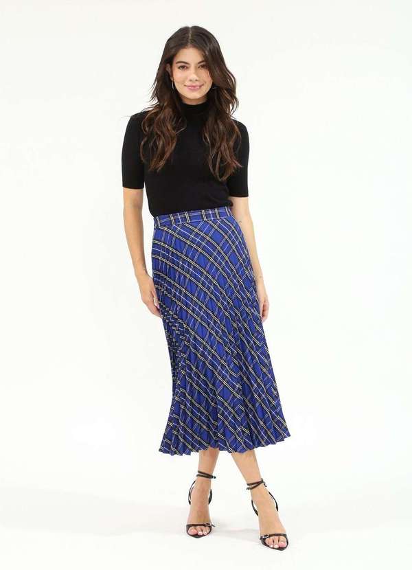Pop Me - Saia Crepe Plissado Midi Xadrez Azul