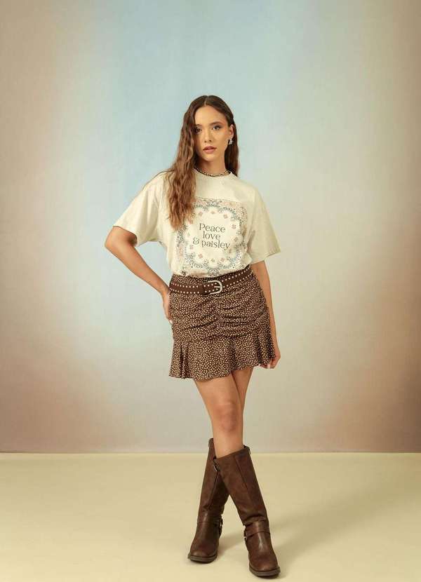 Pop Me - Saia Curta com Franzidos em Viscose Poa Marrom