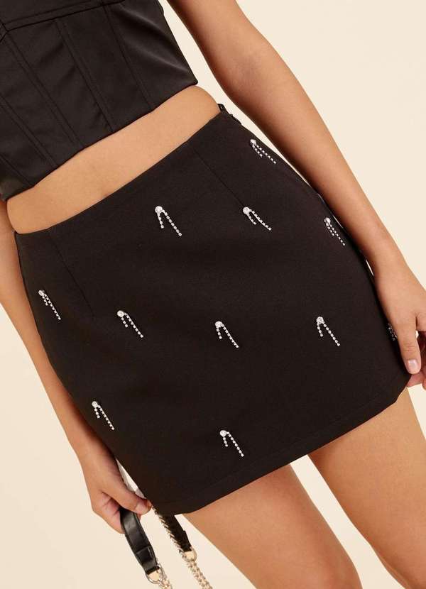 Pop Me - Saia Curta em Alfaitaria com Apliques Strass Preto 2