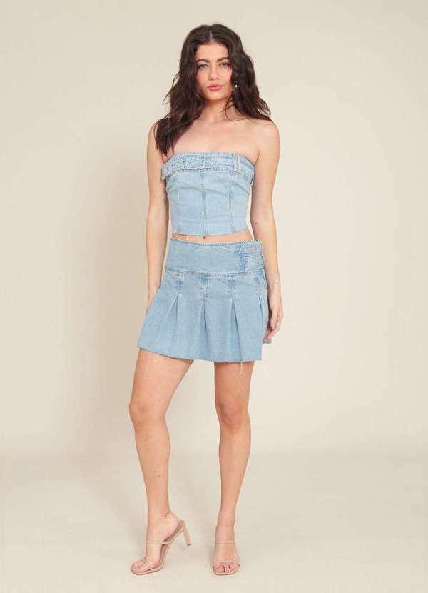 Pop Me - Saia Curta em Jeans com Pregas e Cinto Lateral Azul