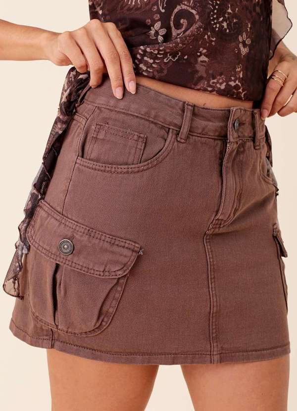 Pop Me - Saia Curta em Sarja Bolso Cargo Marrom 3