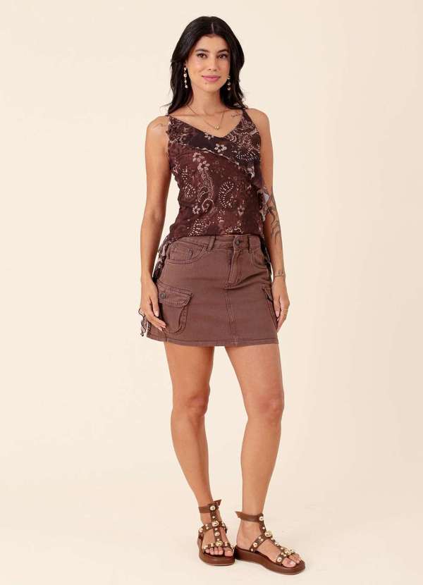 Pop Me - Saia Curta em Sarja Bolso Cargo Marrom 6