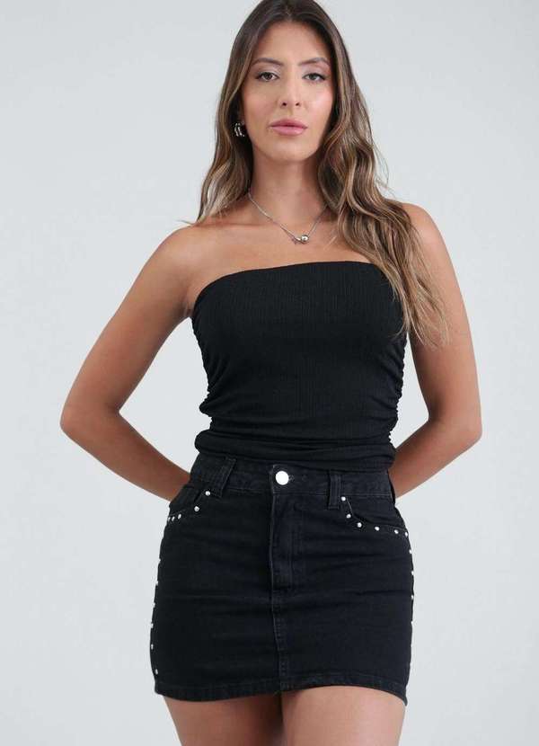 Pop Me - Saia Curta Jeans Cos Medio com Tachas Preto