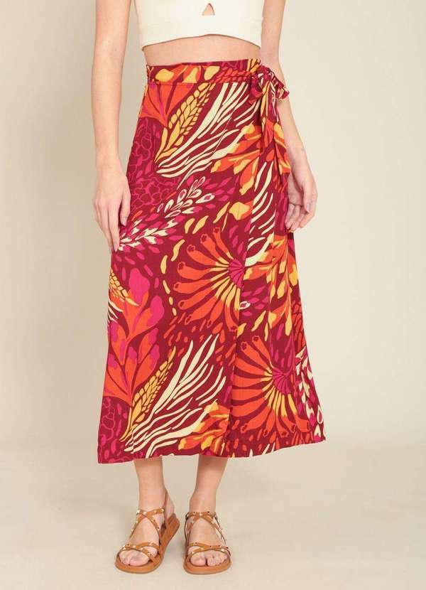 Pop Me - Saia Envelope Midi em Viscose com Transpasse e Faixa Estampa F... Vermelho 3