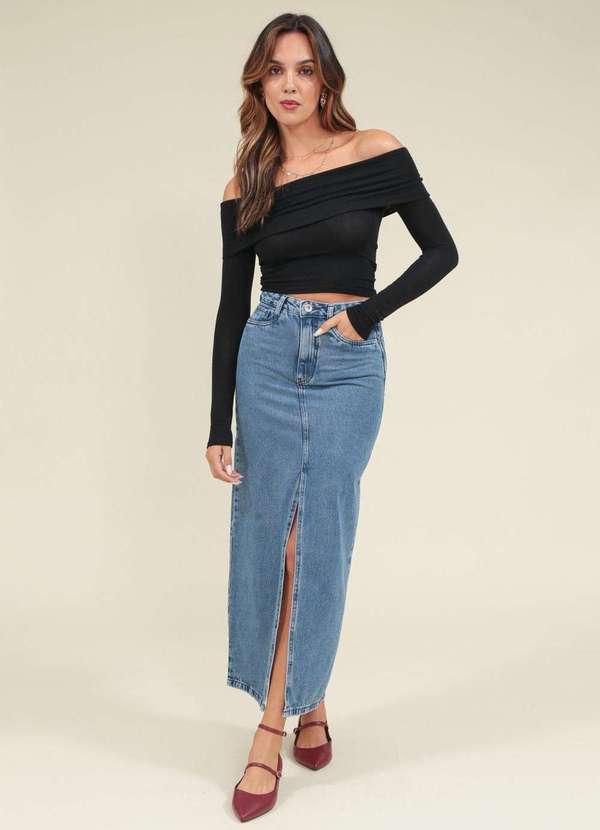 Pop Me - Saia Jeans Longa Fenda Azul