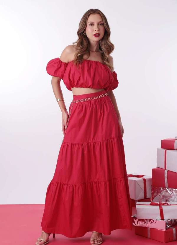 Pop Me - Saia Longa em Tricoline com Recortes Vermelho