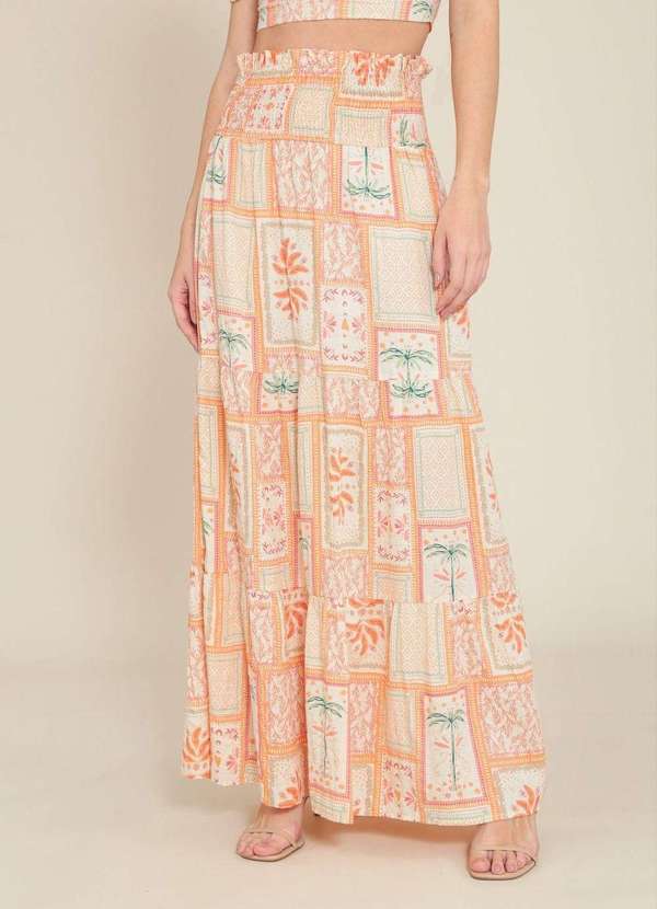 Pop Me - Saia Longa em Viscose com Lurex Cos Lastex Estampa Oasis Bege 3