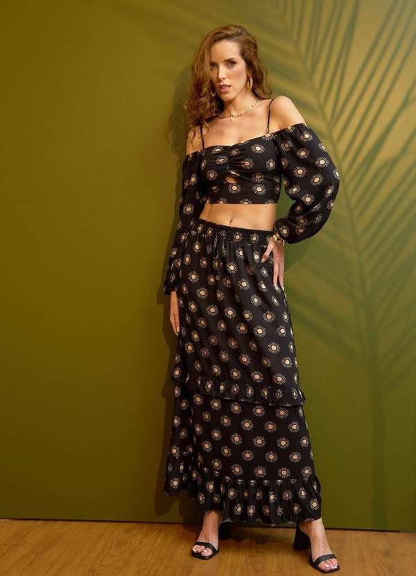 Pop Me - Saia Midi 2 Marias em Viscose Estampada Magia do Sol Preto