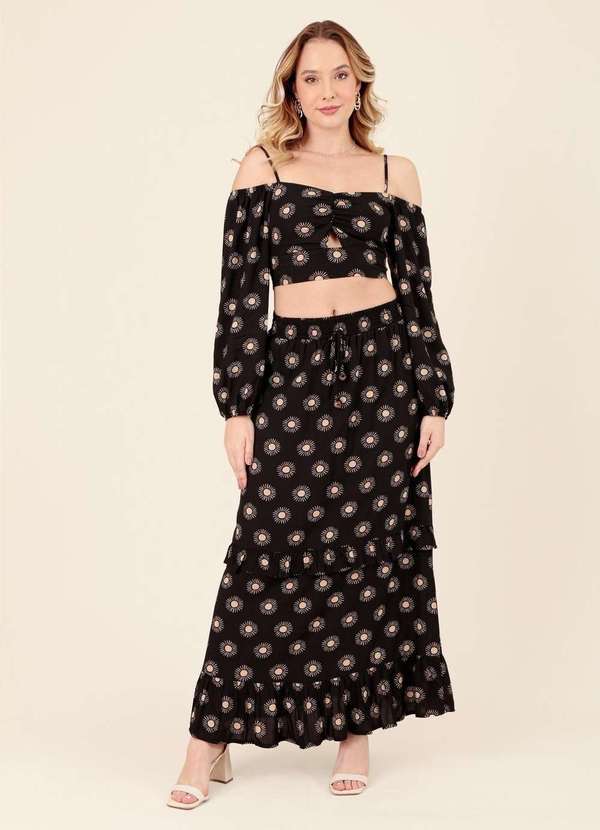 Pop Me - Saia Midi 2 Marias em Viscose Estampada Magia do Sol Preto 3