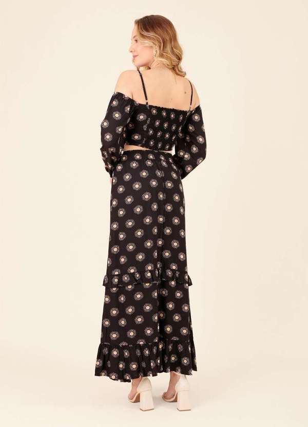 Pop Me - Saia Midi 2 Marias em Viscose Estampada Magia do Sol Preto 4