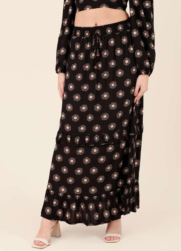 Pop Me - Saia Midi 2 Marias em Viscose Estampada Magia do Sol Preto 5