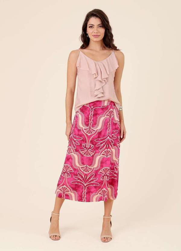 Pop Me - Saia Midi com Transpasse em Viscose Estampada Oasis Rosa