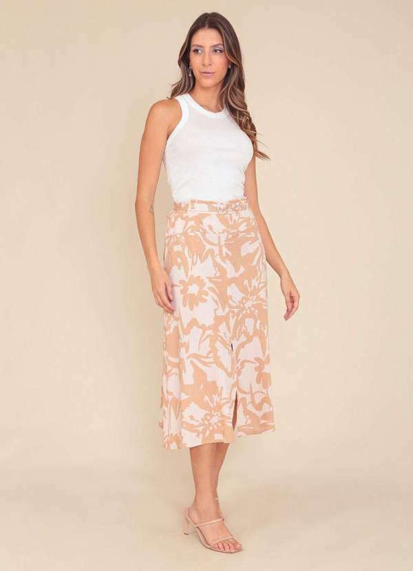 Pop Me - Saia Midi em Linho Estampado Flor Bege com Cinto Bege