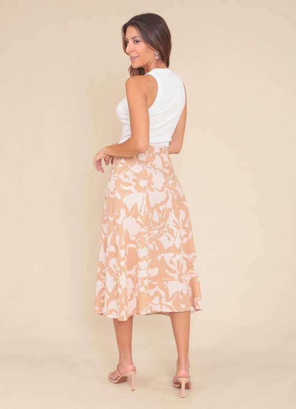 Pop Me - Saia Midi em Linho Estampado Flor Bege com Cinto Bege 2