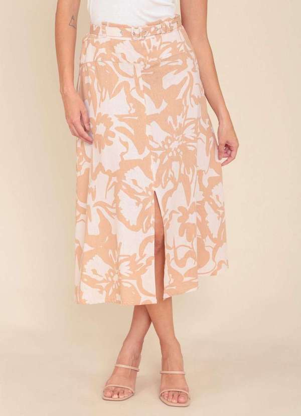 Pop Me - Saia Midi em Linho Estampado Flor Bege com Cinto Bege 3