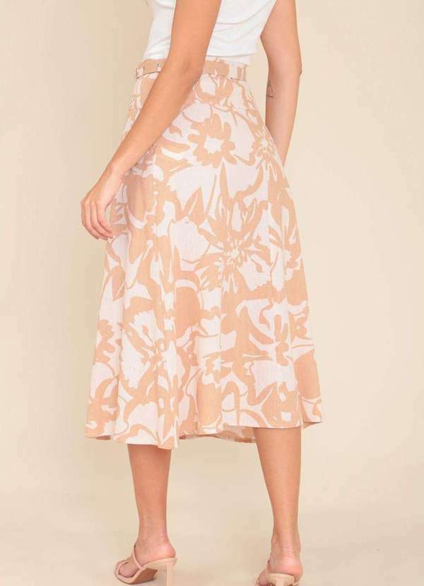 Pop Me - Saia Midi em Linho Estampado Flor Bege com Cinto Bege 4