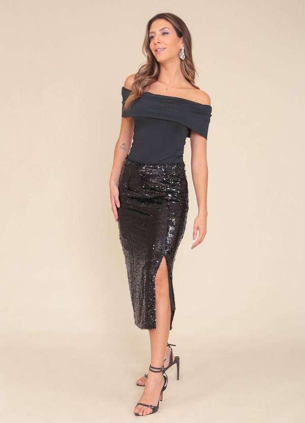 Pop Me - Saia Midi em Paete com Fenda Preto