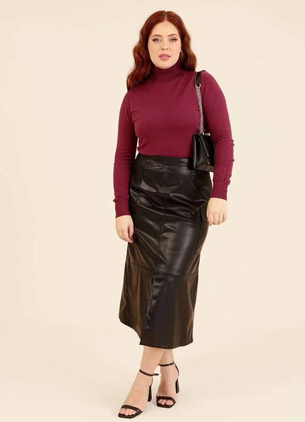 Pop Me - Saia Midi em Pu Bolso Cargo e Fenda Preto