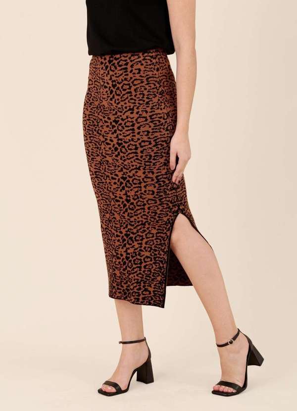 Pop Me - Saia Midi em Trico Jaquard Animal Print Preto 3