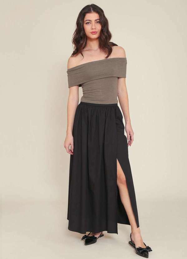 Pop Me - Saia Midi em Tricoline com Bolso Transpasse e Fenda Preto