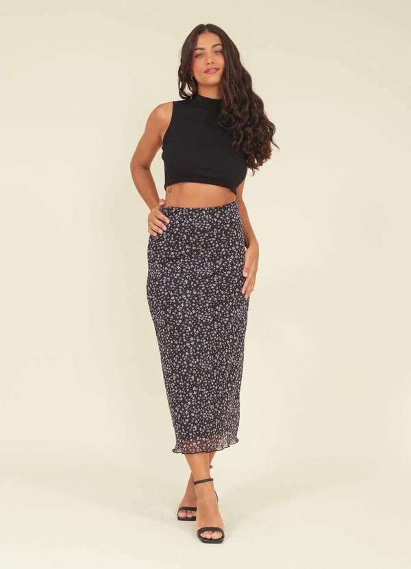 Pop Me - Saia Midi em Tule Liberty com Barra Frufru Preto