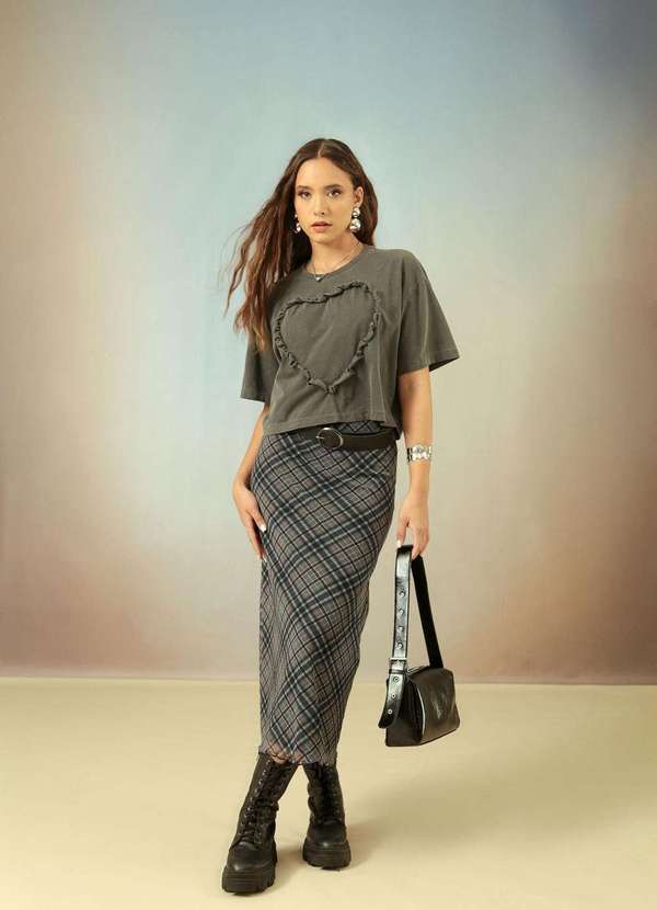 Saia Midi em Tule Xadrez Cinza Pop Me