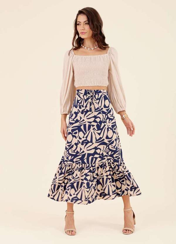 Pop Me - Saia Midi em Viscose com Babados Ladrilho Azul