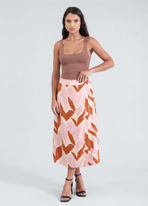 Pop Me - Saia Midi em Viscose Estampa Natureza Terrosa Bege