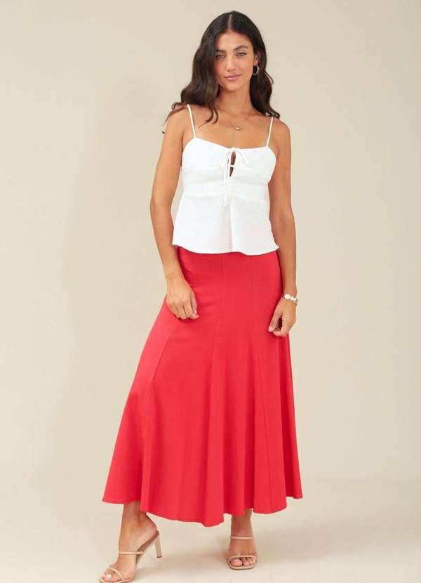 Pop Me - Saia Midi Evase em Viscose com Recortes Vermelho