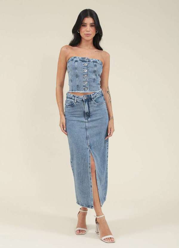 Pop Me - Saia Midi Jeans Fenda Frontal Azul