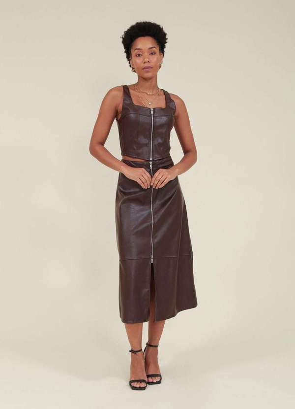 Pop Me - Saia Midi Pu com Ziper Frontal Marrom
