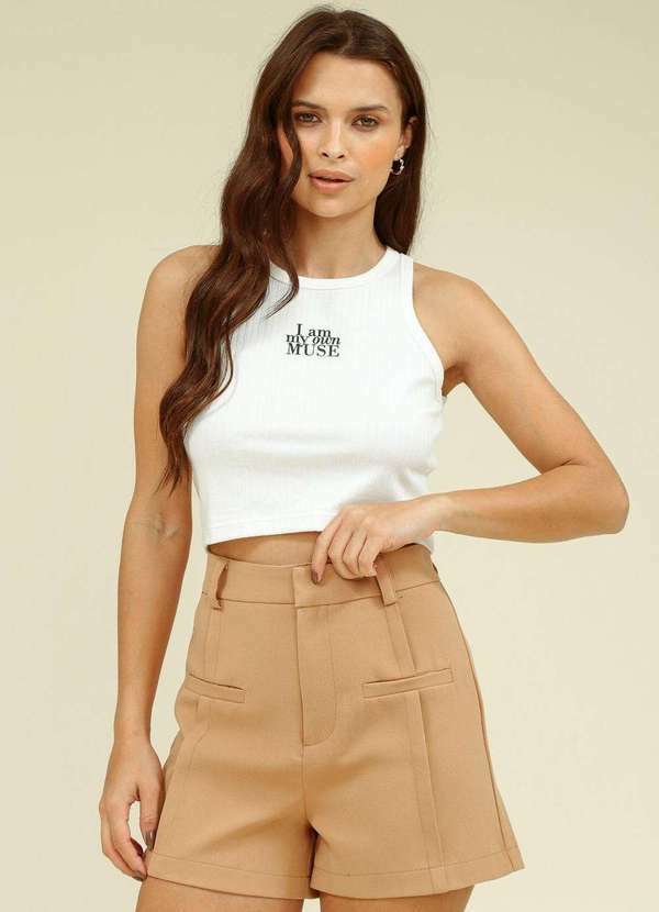 Pop Me - Short Crepe Alfaiataria Recorte Frontal Bege