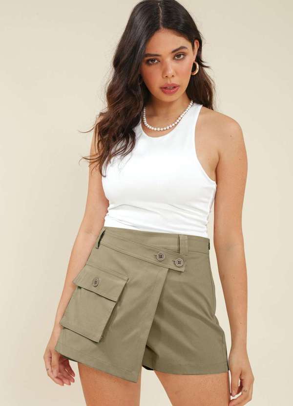 Pop Me - Short Saia Alfaiataria Sarja  Bolso Frontal Cinza