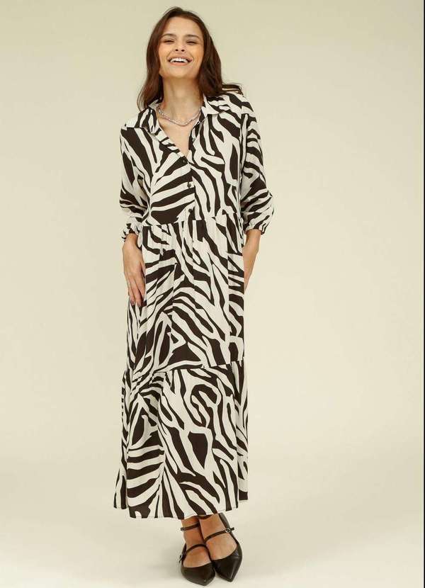 Pop Me - Chemise Midi Manga 3/4 em Viscose Estampa Zebra Preto