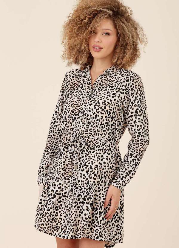 Pop Me - Vestido Chemise Curto em Viscose Animal Print Bege