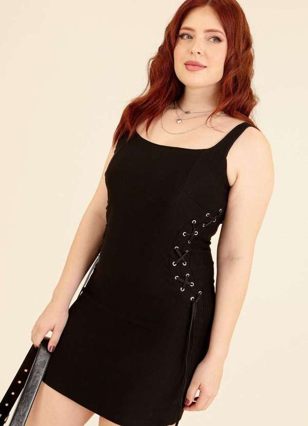 Pop Me - Vestido Curto em Bengaline com Ilhos Lateral Preto