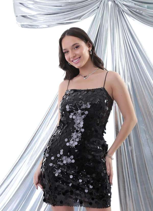 Pop Me - Vestido Curto em Paete Maxi Alca Preto