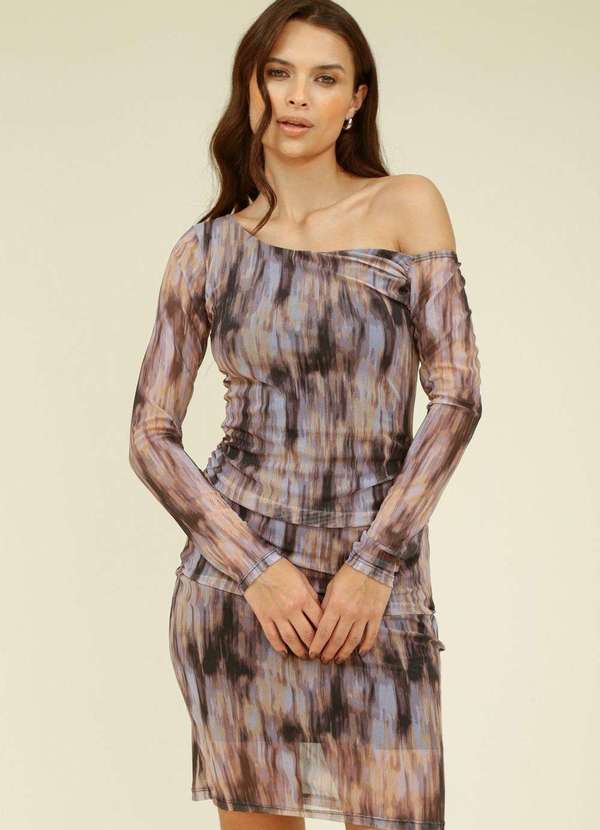 Pop Me - Vestido Curto em Tule Manga Longa Decote Assimetrico Roxo