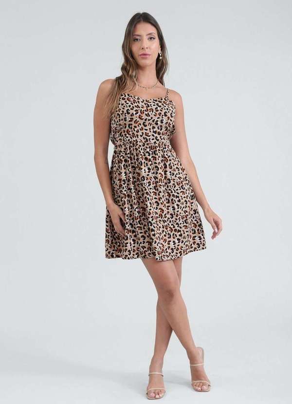 Pop Me - Vestido Curto em Viscose Alca com Recortes Estampa Animal Print Bege