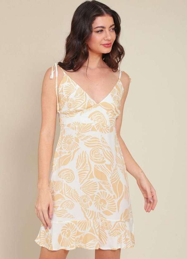 Pop Me - Vestido Curto em Viscose Alca Laco Estampa Conchas Bege