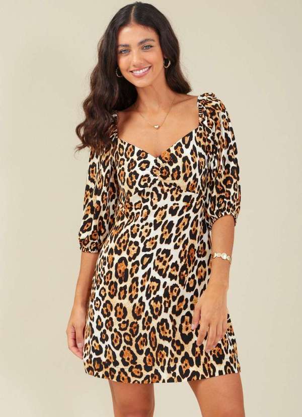 Pop Me - Vestido Curto em Viscose Manga Bufante Estampa Onca Bege 2