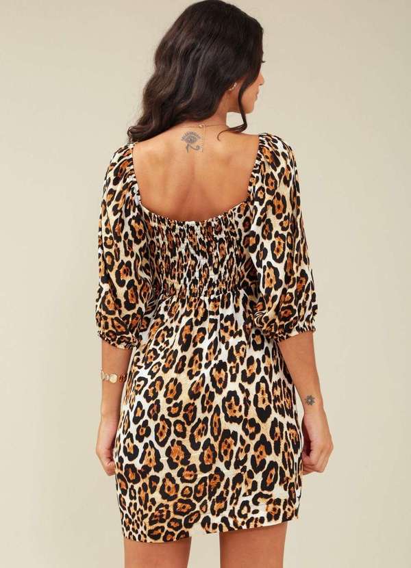 Pop Me - Vestido Curto em Viscose Manga Bufante Estampa Onca Bege 3