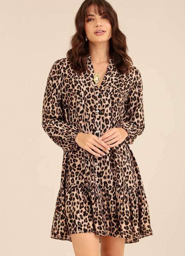 Pop Me - Vestido Curto Manga Longa Gola Padre Animal Print Bege