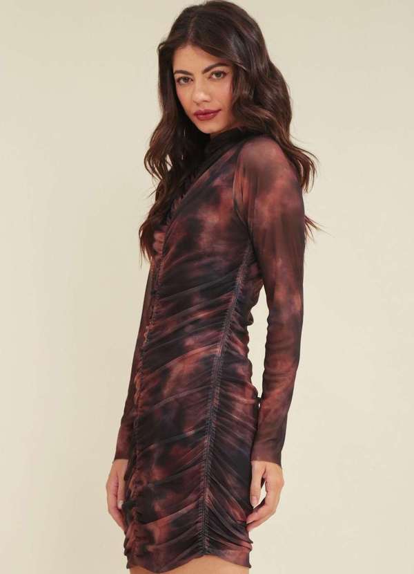 Pop Me - Vestido Curto Tule Manga Longa Estampa Cacau Marrom 2