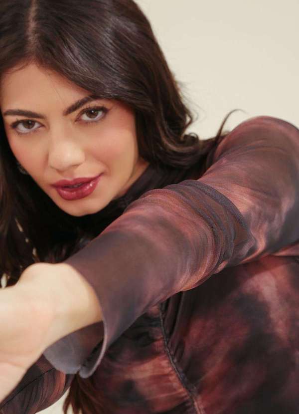 Pop Me - Vestido Curto Tule Manga Longa Estampa Cacau Marrom 4