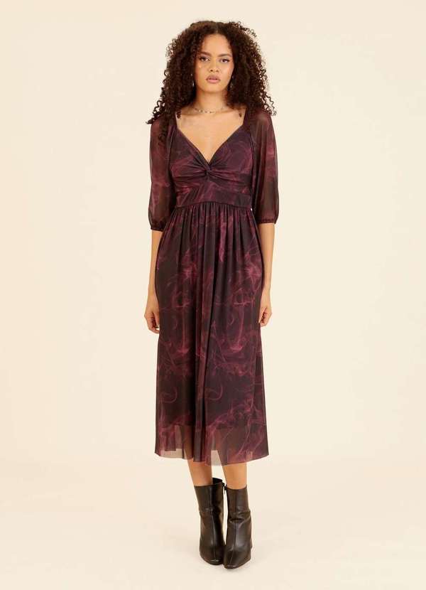 Pop Me - Vestido em Tule Estampado Midi Manga 3/4 Busto Preto