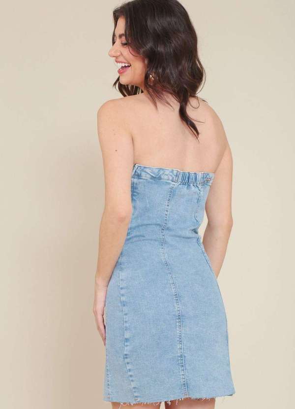 Pop Me - Vestido Jeans Curto Decote Reto com Recortes Azul 2