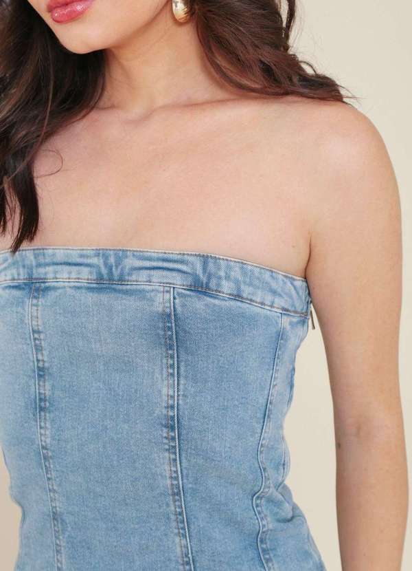 Pop Me - Vestido Jeans Curto Decote Reto com Recortes Azul 3